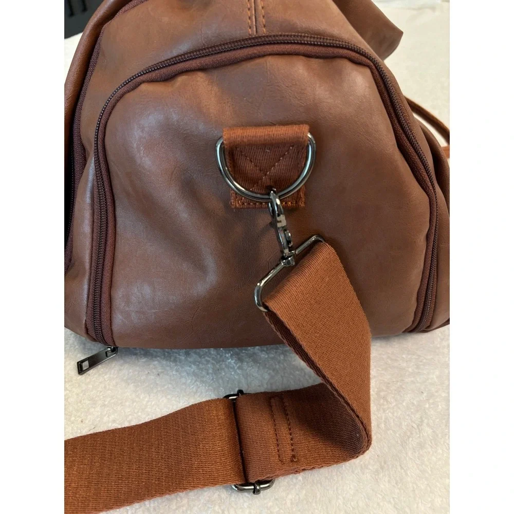 Seyfocnia Brown Faux Leather Duffle Bag Travel Weekender Gym Bag Shoe